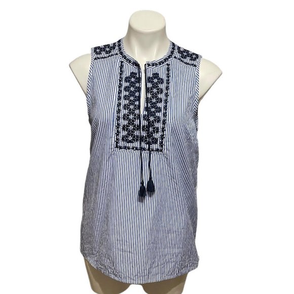 J. Crew Factory Size 6 White Blue Pinstripe Split Neck Tassel Tie Embroi… - Picture 2 of 6